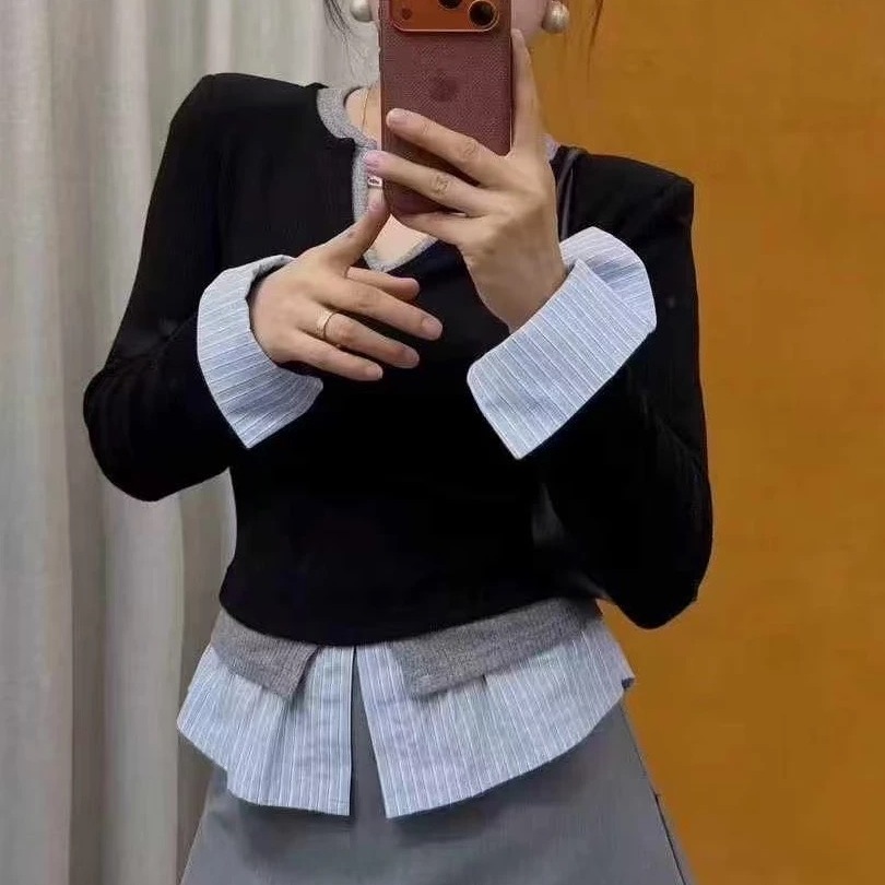 设计感假两件拼接磨毛长袖女T恤