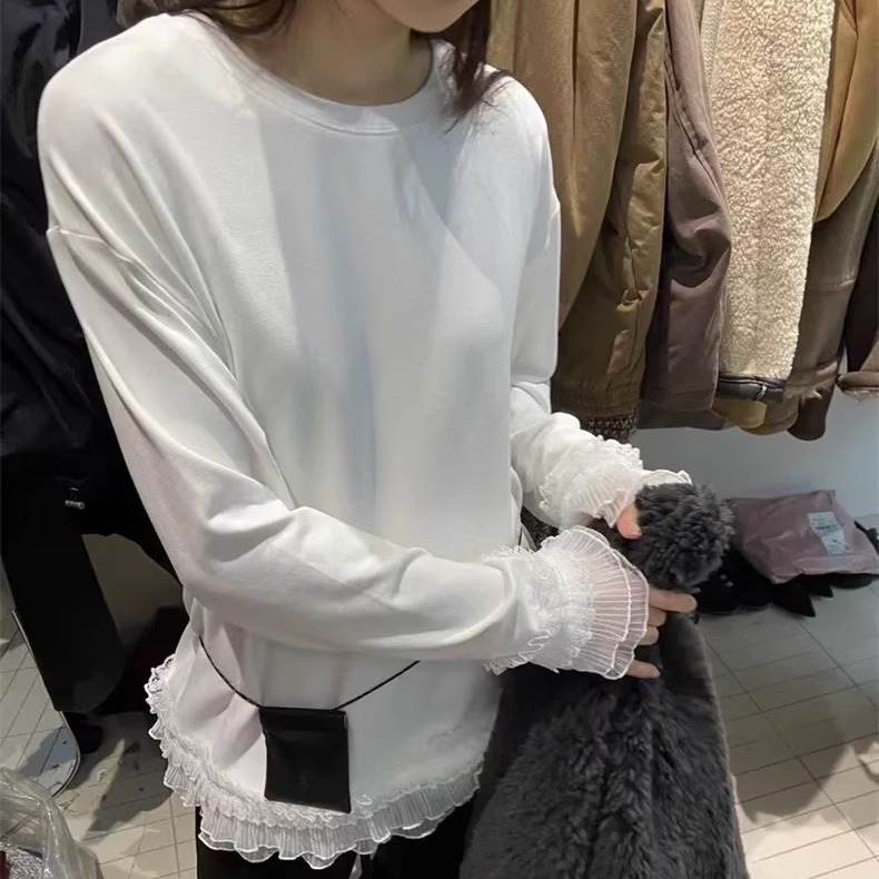 韩版洋气拼接木耳边圆领长袖T恤