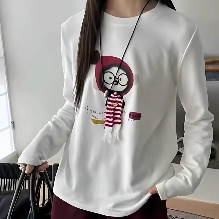 立体装饰卡通印花长袖磨毛T恤女