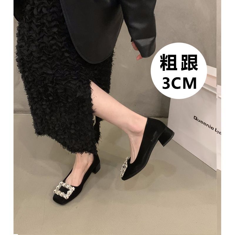方头粗跟法式水钻单鞋女