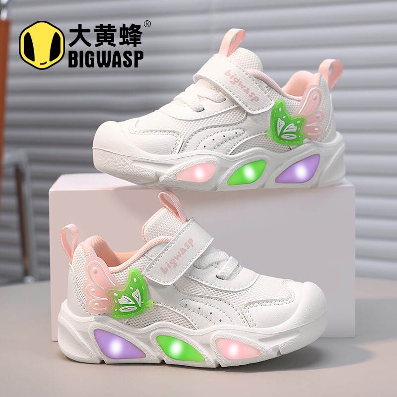 大黄蜂童鞋女童发光运动鞋网面透气春秋款软底防滑宝宝鞋小童鞋子