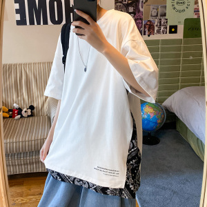 夏季潮牌腰果花拼接开叉加大码短袖t恤男女同款 2146P38图片