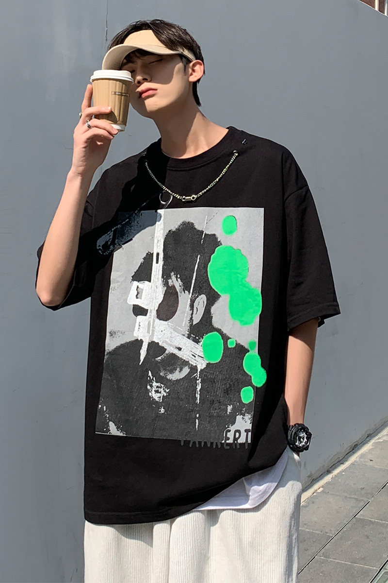 美潮宽松大图案印花短袖t恤男女同款002P45控68,男装T恤,电商A309