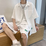 推荐~夏季华夫格短袖衬衫短裤套装男女宽松两件套3546P70，男装休闲套装，电商A309