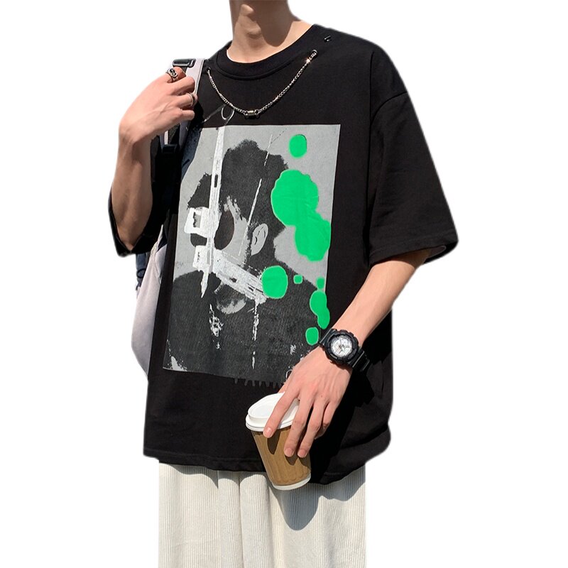 美潮宽松大图案印花短袖t恤男女同款002P45控68,男装T恤,电商A309