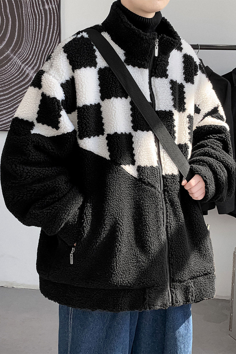 主推羊羔毛棉服男女棋盘格拼接加厚棉衣外套A328P118控158,男装棉衣,电商A309