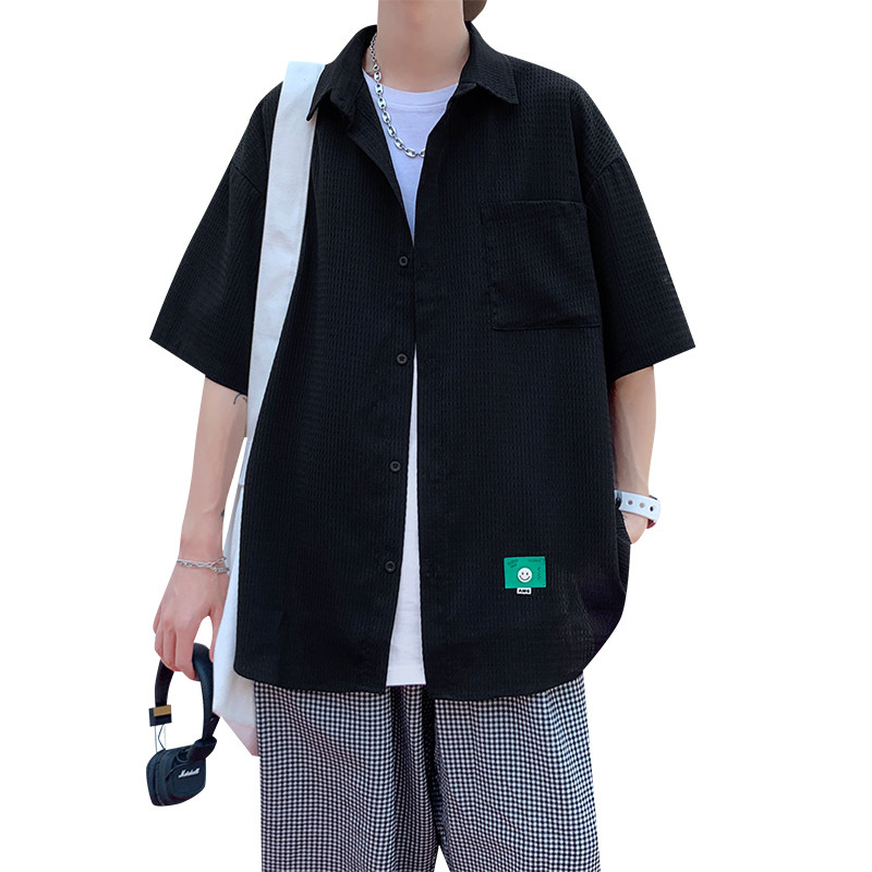 港风宽松中性风潮牌冰丝华夫格短袖衬衣男A355P40,男装衬衫,电商A309