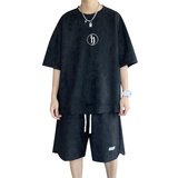 重磅麂皮绒短袖套装男夏季潮牌一整套衣服A353P80控108，男装休闲套装，电商A309