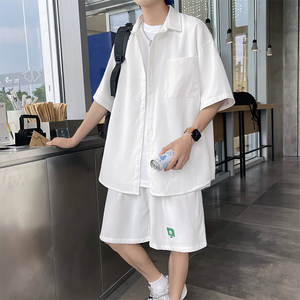 夏季冰丝坠感短袖衬衫短裤套装男帅气两件套 3546P70图片