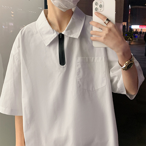 vibe风小众设计潮牌短袖衬衫男白色纯色半拉链衬衣A343P40 控58图片