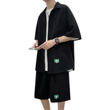 冰丝套装男女夏季坠感华夫格短袖衬衫短裤两件套3546P70，男装休闲套装，电商A309