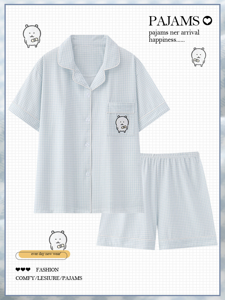 格子自嘲熊睡衣女款夏季纯棉短袖薄款卡通可爱学生夏天家居服套装