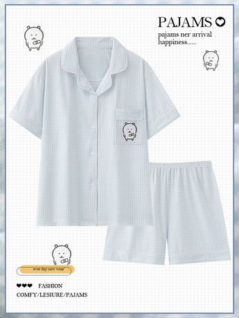 格子自嘲熊睡衣女款夏季纯棉短袖薄款卡通可爱学生夏天家居服套装