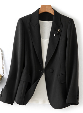 Met Endi一粒扣西装外套女2024年新款时尚气质戗驳领黑色西服上衣