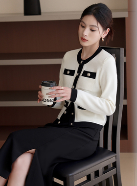 Met Endi羊毛小香风针织开衫女秋季新款经典黑白撞色短款外套上衣