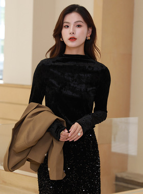 Met Endi丝绒打底衫女2024秋冬季新款时尚半高领内搭短款长袖上衣