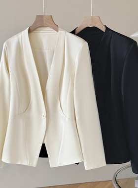 Met Endi醋酸无领西装外套秋款轻奢百搭设计师修身短款西服小个子