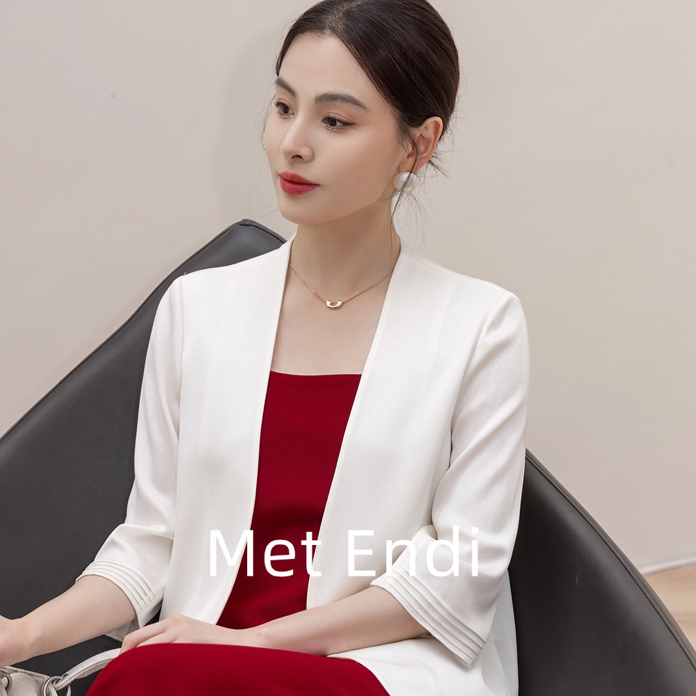 2025春夏纯色缎面醋酸西装外套女高级感五分袖无领百搭短款小西服