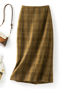 Met Endi复古毛呢半身裙女秋冬新款高腰羊毛直筒开叉格子裙中长款