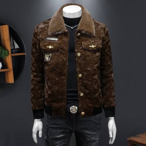 仿金男士翻领貂水皮毛一体皮草