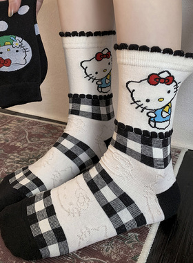 红色kitty猫咪袜子女中筒袜春秋棉袜可爱花边堆堆袜卡通白色长袜