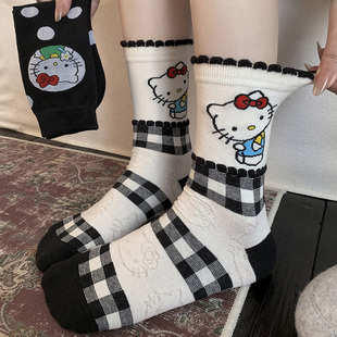 红色kitty猫咪袜子女中筒袜春秋棉袜可爱花边堆堆袜卡通白色长袜