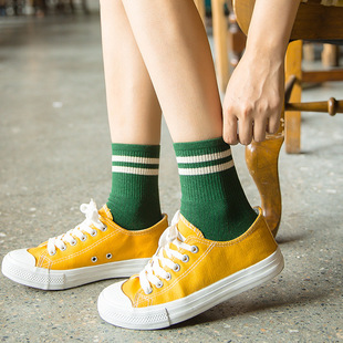 秋冬新品日系两条杠杠女士运动休闲中筒袜子纯棉街头百搭韩版女袜