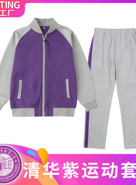 英伦风纯棉男女童款班服两件套清华紫色拉链运动服学生校服春秋装