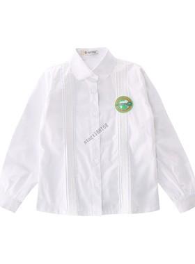 新款英伦学院风长袖衬衫女童单层夏装学生白色双花边翻领衬衣校服