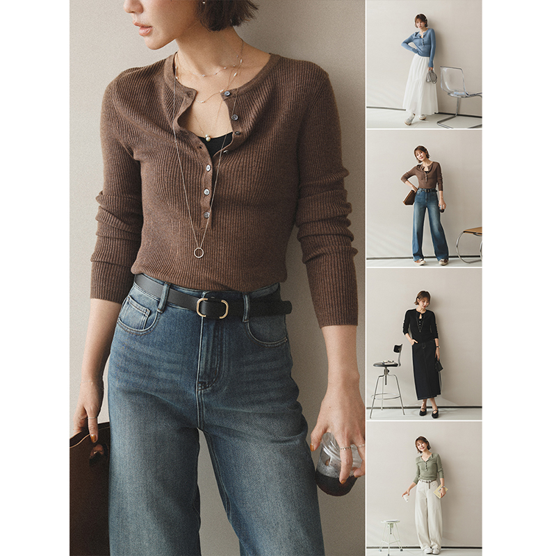 苹果的生活家|显瘦小心机 半开襟绵羊毛针织混纺长袖上衣打底衫