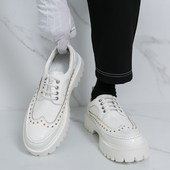 全白发型师鞋 英伦风白色厚底雕花皮鞋 男商务休闲百搭布洛克增高鞋