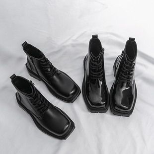 英伦风方头马丁靴男冬季黑色系带机车靴侧拉链工装短靴高帮德比鞋
