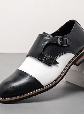 皮鞋男新款英伦风复古孟克鞋正装男鞋影楼拍照黑白色新郎婚鞋大码