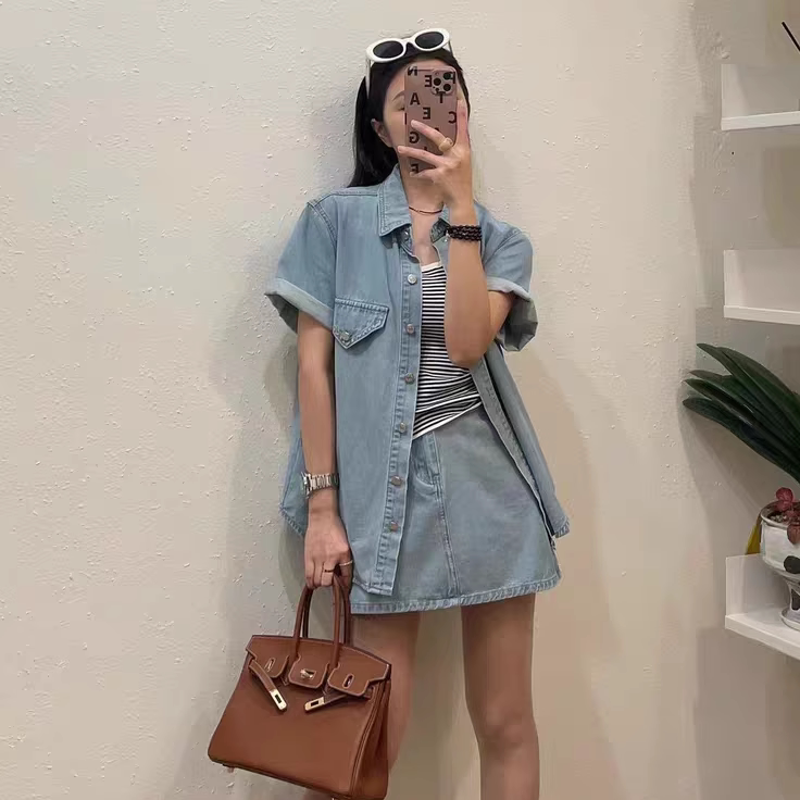女装韩版复古小众牛仔上衣搭配半身裙两件套套装