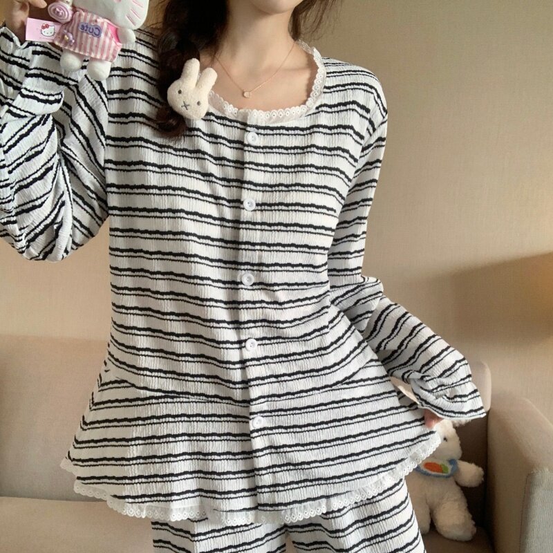 韩版条纹长袖睡衣女春秋季2025年新款高级感带胸垫家居服两件套装