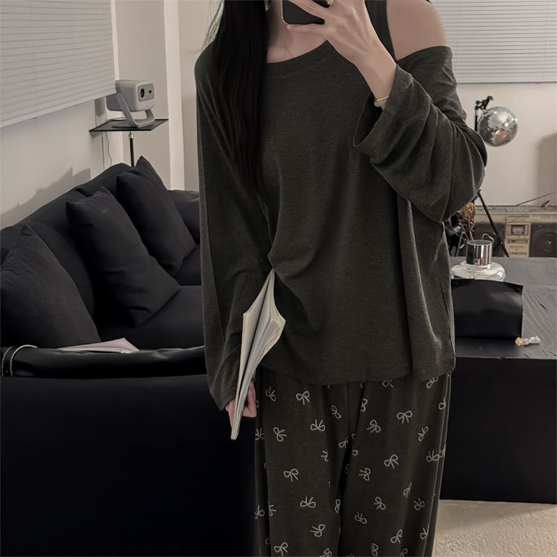 睡衣女款2025新款春秋季莫代尔软糯高级感家居服气质露肩长袖套装