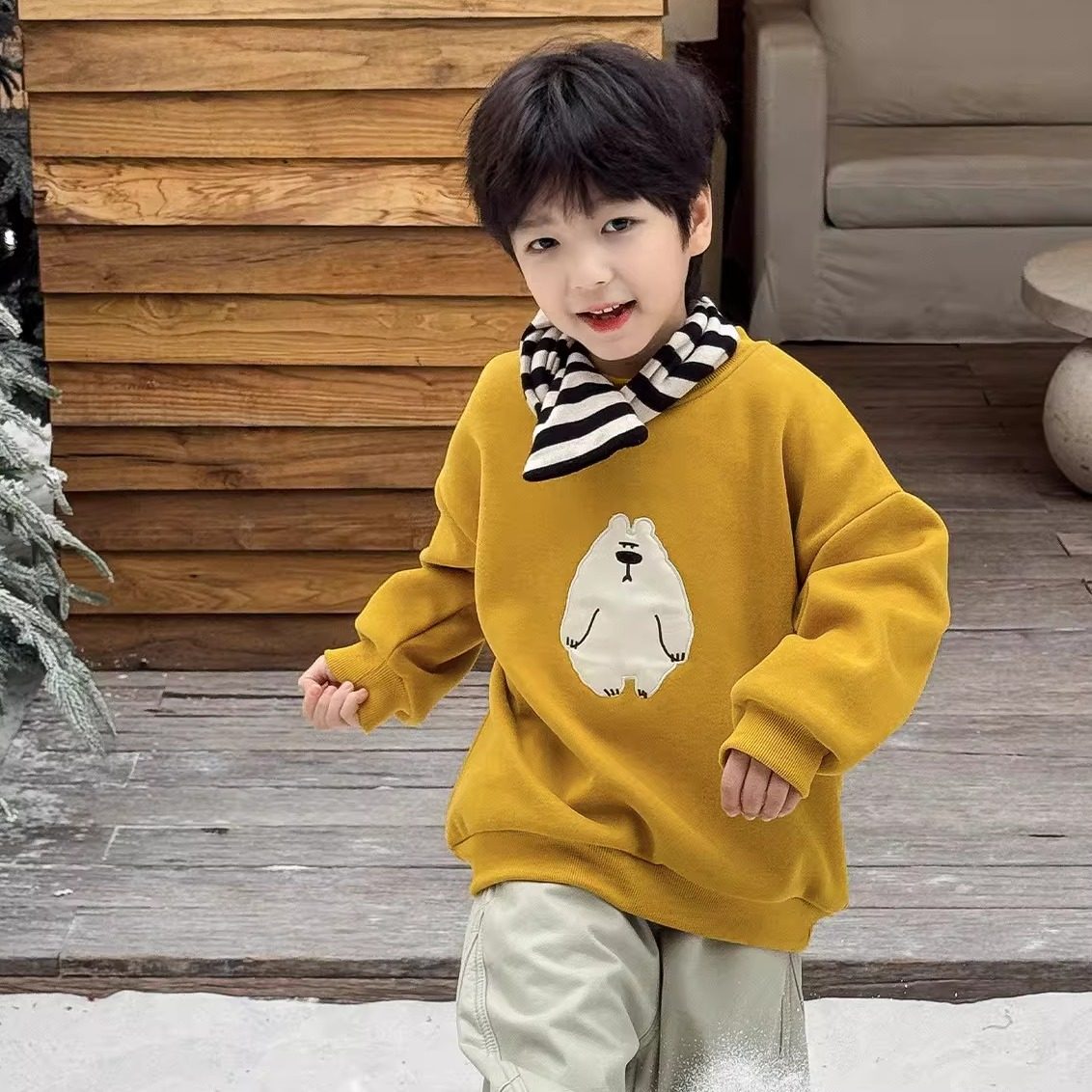 男童加绒黄色卫衣秋冬款儿童宽松加厚套头衫女童休闲保暖上衣童装