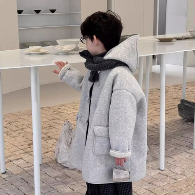 男女童加绒中长款连帽呢子大衣
