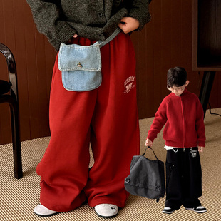 男童加绒红色运动裤冬款儿童加厚弯刀裤休闲裤女童休闲裤保暖卫裤