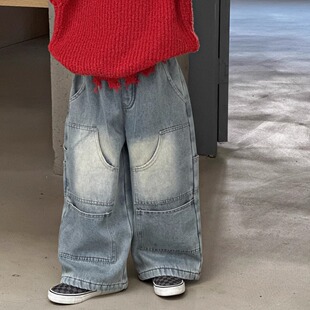 男童加绒磨白牛仔裤冬款儿童一体绒直筒裤女童保暖宽松长裤子百搭