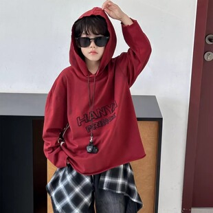 男童红色连帽卫衣韩版潮儿童洋气字母套头衫男孩宽松女童帽衫春秋