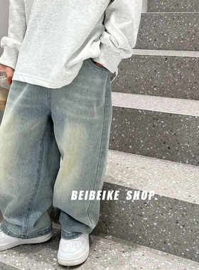 巨百搭~男童浅蓝色磨白牛仔裤2026春秋款儿童宽松直筒裤宝宝长裤
