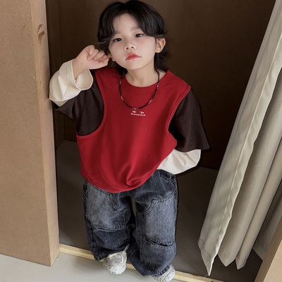 男女童拼接红色卫衣宽松童装