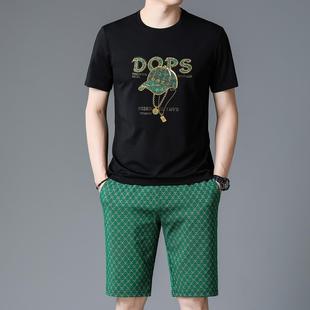 皮尔卡丹设计感夏季 圆领休闲运动套装 t恤潮牌刺绣丝光棉修身 短袖