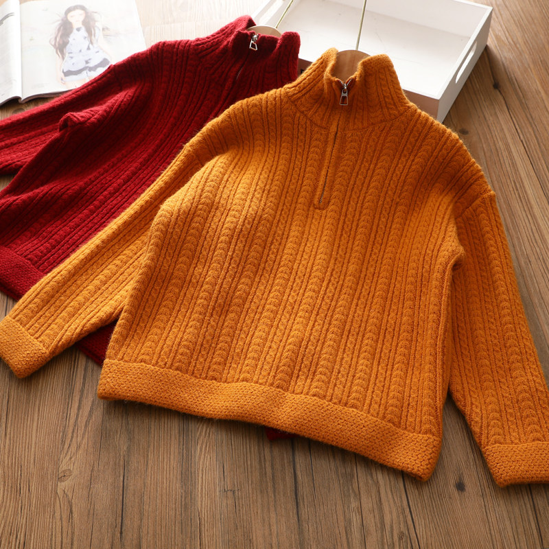 女童冬季新款针织毛衣 洋气加厚中高领半拉链针织衫打底上衣