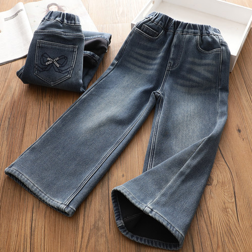 女童加绒牛仔裤深秋冬装新款儿童弹力加厚一体奥粒绒微喇阔腿裤子