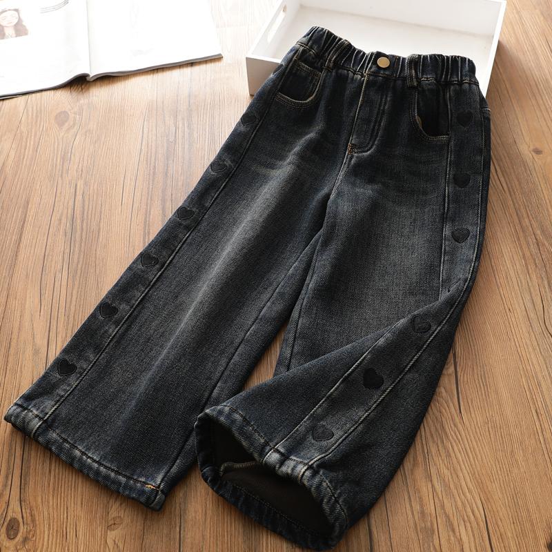 女童冬季一体奥粒绒牛仔裤中大儿童洋气弹力直筒爱心裤子深秋冬装