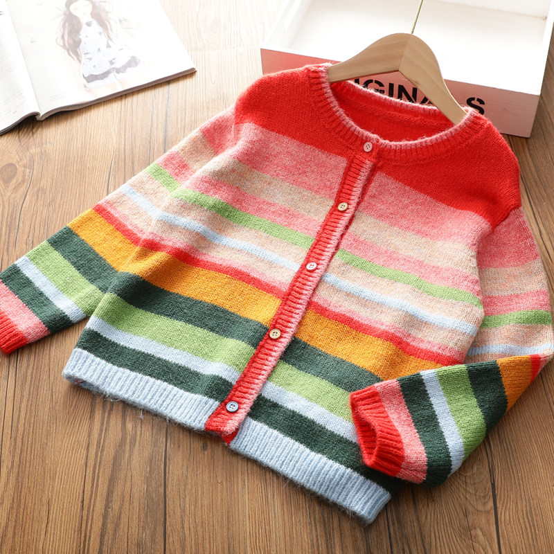 女童秋季新品针织衫开衫外套 洋气彩虹条纹柔软打底针织毛衣上衣,童装/婴儿装/亲子装,毛衣/针织衫,淘宝优惠券,粉丝福利购,淘宝优惠卷