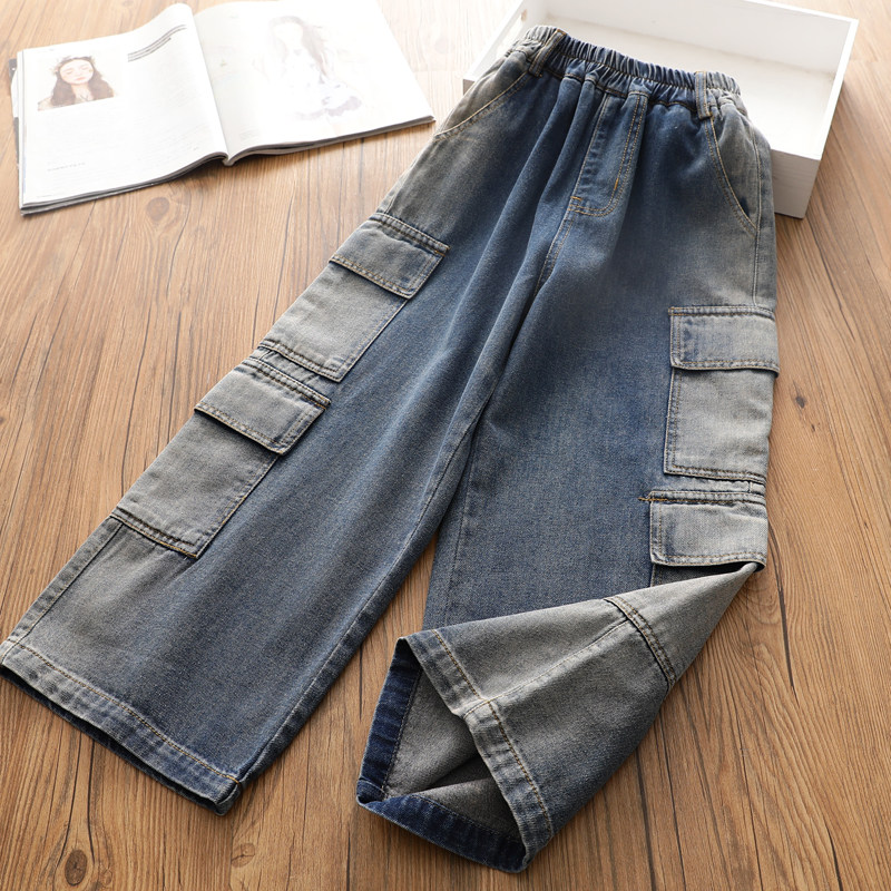 女童工装洋气牛仔裤2026春秋季新款儿童柔软阔腿直筒休闲长裤韩版