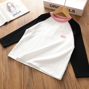 女童纯棉洋气插肩袖T恤中大儿童长袖打底衫2025秋季新款立钻樱桃